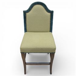 Pair of padded back high seat bar stools, upholstered in cream chevron fabric with green velvet trim 