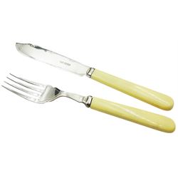 1930's ivory handled fish knives and forks with silver prongs and blades, for six place settings, hallmarked Viner's Ltd, Sheffield 1932, contained within a fitted case
