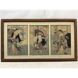 Japanese School (20th century): Birds in Trees, pair woodblock prints framed as one, each 36cm x 24cm, together with a similar set of three framed as one, each 37cm x 25cm (2)