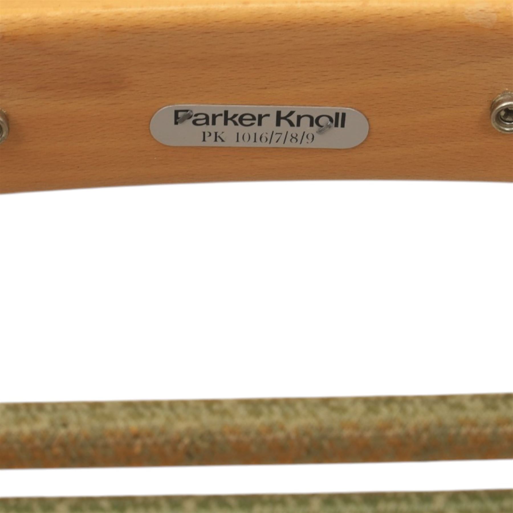 Parker Knoll -model '480' rocking beechwood chair, loose seat cushions above an elasticated webbing seat, curved rocker base 