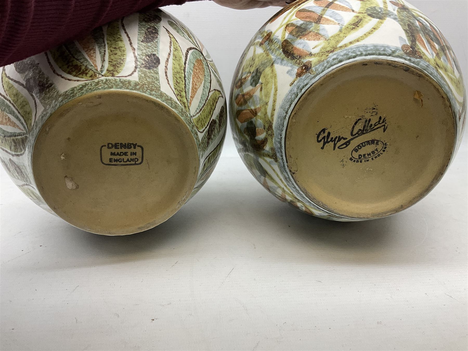 Three pieces of Denby stoneware, comprising Glyn Colledge vase,  H30cm, Glyn Colledge dish, D32cm, and further similar vase 