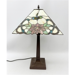  A Tiffany style table lamp, with glass shade detailed with butterflies and flowers, including shade H60cm.   