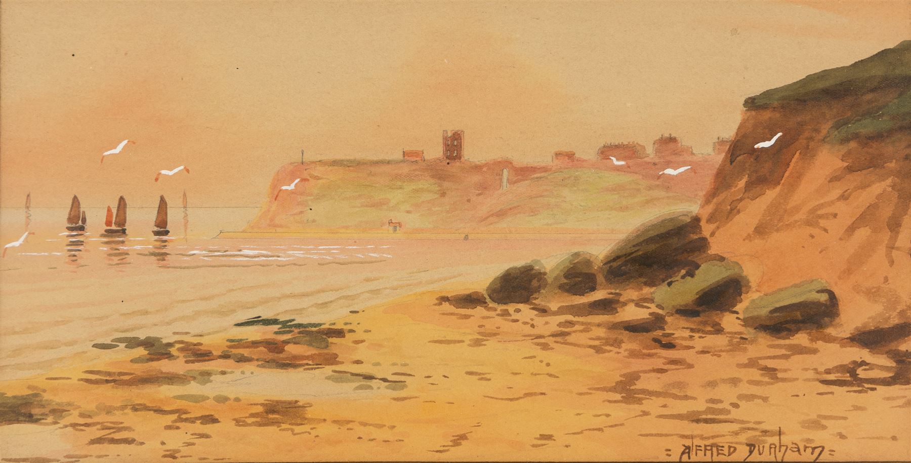 Austin Smith (British fl.1913-1928): Sailboats off Scarborough, pair of watercolours signed; together with Alfred Durham (British 19th century): Coastal Views of Scarborough, set of three watercolours heightened with white signed and one dated 1907 max 18cm x 32cm (5)