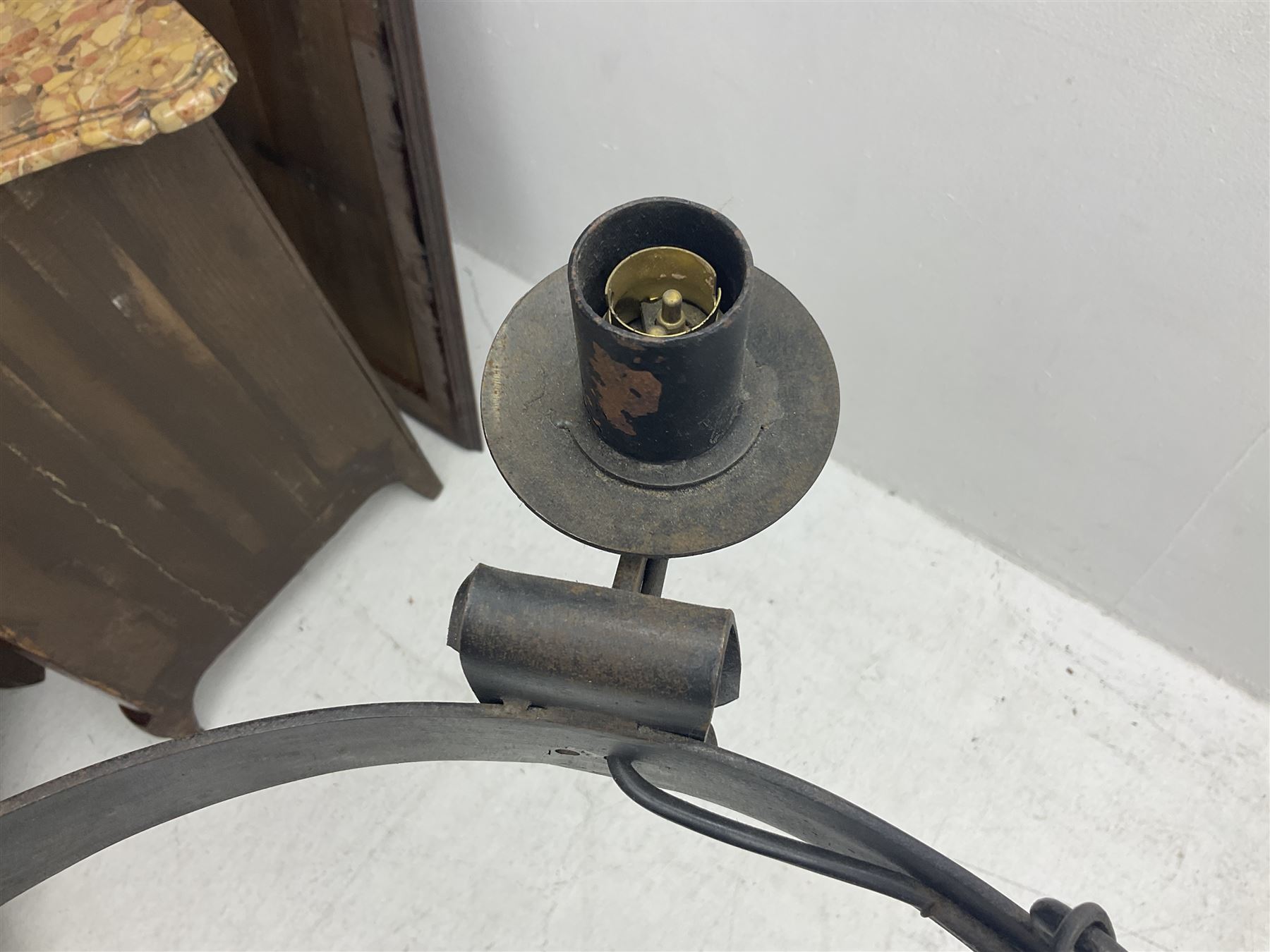 Pair of gothic style wrought iron ceiling lights, each with four branches, D58cm