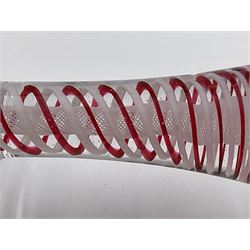 18th century drinking glass, the ovoid form upon  a colour twist stem with alternating red and white spirals surrounding a white fine spiral gauze, and conical foot, H13cm


