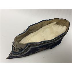 Pair of Chinese silk embroidered lotus shoes, for bound feet, a blue ground with floral detailing L15cm