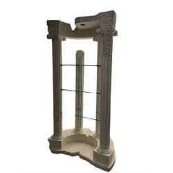 Cast architectural stone effect column display stand, fitted with three glass shelves 