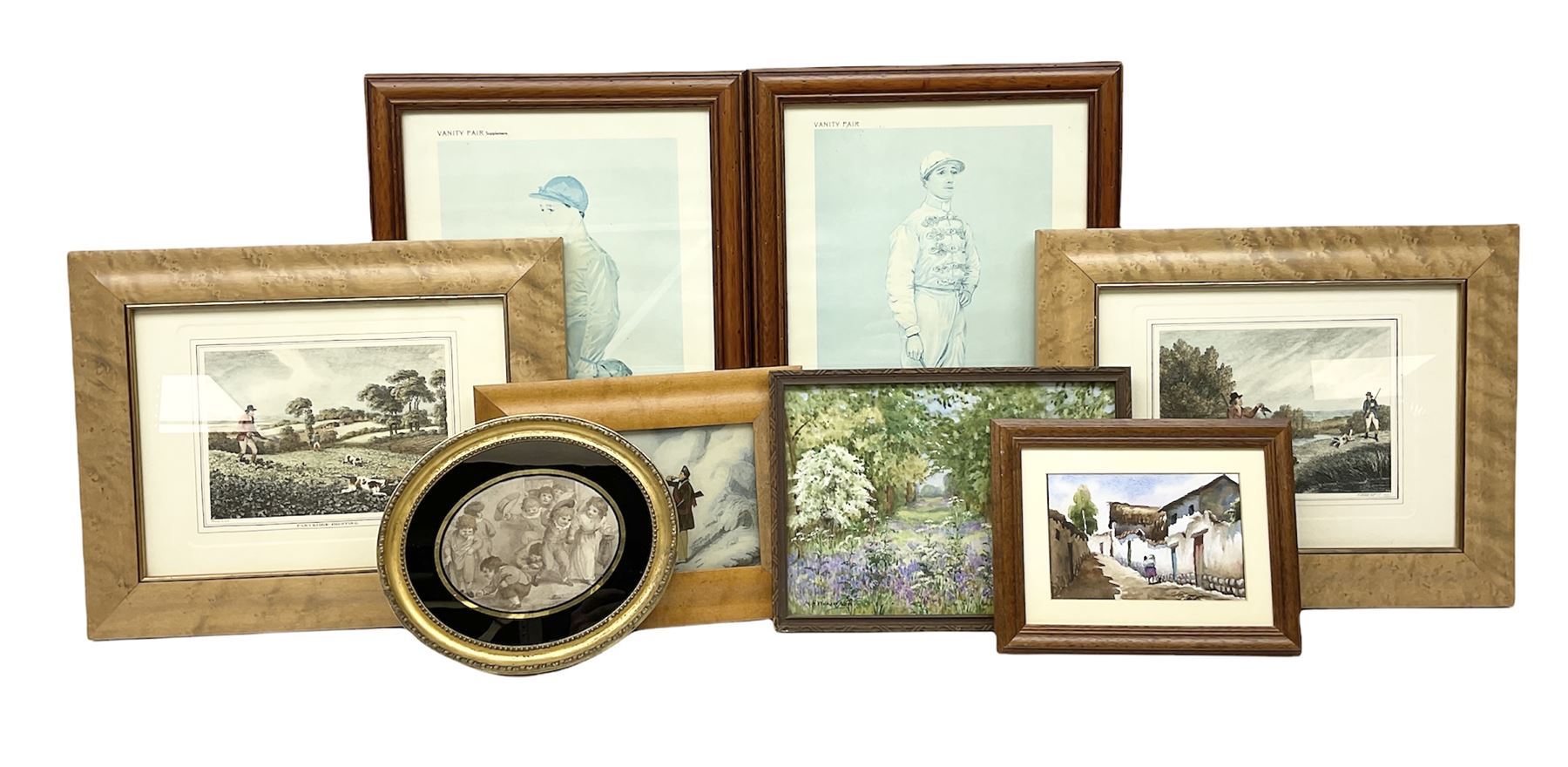 After Sir Joshua Reynolds (British 1723-1792): 'Lord Henry and Lady Charlotte Spencer', engraving with hand colouring pub. 1790; After Heywood Hardy (British 1843-1933): 'In the Lap of Luxury', engraving; After John Watson Nicol (British 1856-1926): 'An Immediate Settlement will Oblige', engraving; after Charles Staniland (British 1838-1916): 'Saved at Last', engraving; After Gaton Woodville: 'In the Nick of Time', colour print; after Victor Venner: 'The Mowbray Hunt Checked', colour print together with pair colour prints after Fred Elwell, a Chinese print, a mirror, further pictures etc, max 45cm x 68cm