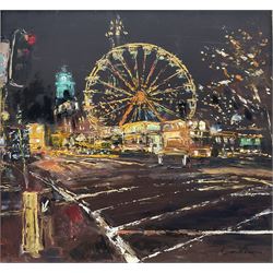 Anthony G Cawthorne (Scottish 1966-): 'Ferris Wheel from Princes Street', acrylic on board signed, titled and inscribed verso 19cm x 21cm