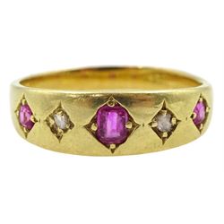Victorian 18ct gold five stone gypsy set ruby and diamond ring, Birmingham 1878