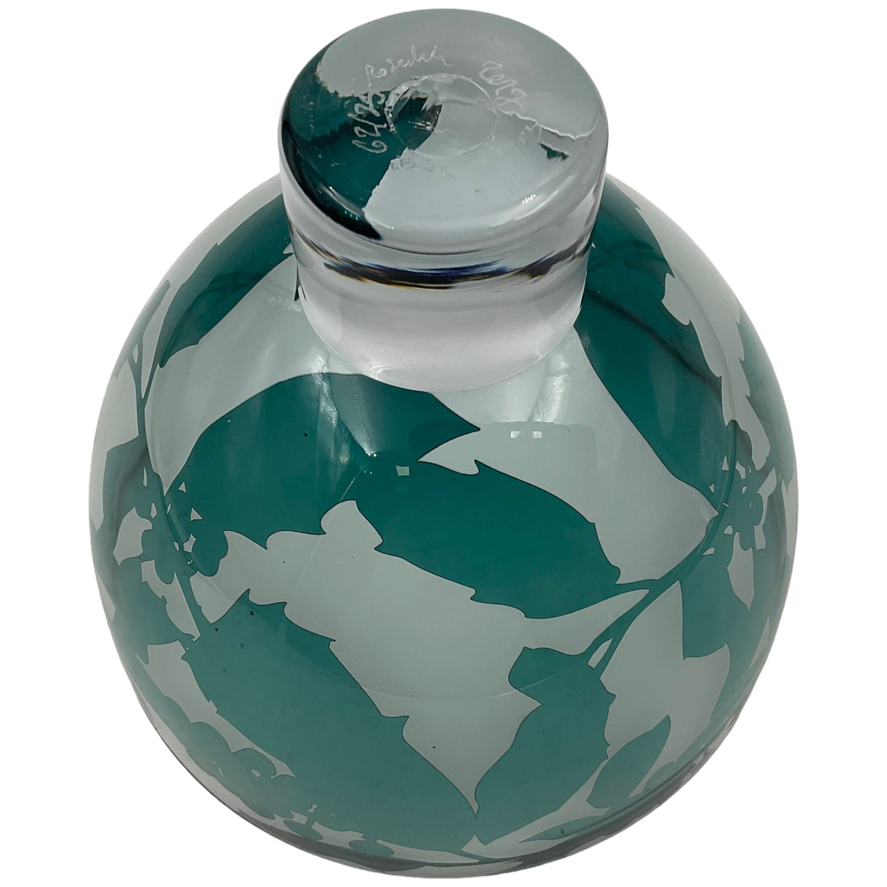 Gillies Jones of Rosedale glass bowl decorated with green foliage with red rim,  upon a short clear tapering foot, signed to base, H13cm D15.5cm