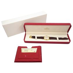 Omega De Ville gentleman's 18ct gold quartz presentation wristwatch, Ref. 73203412, silvered dial, with date aperture, on original leather strap with gilt buckle, boxed with warranty dated 2002