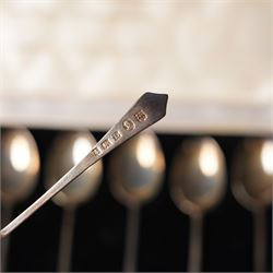 Set of six silver coffee spoons with examples of various British hallmarks , boxed, a set of six silver coffee spoons Sheffield 1925 Maker John Round & Son Ltd and six silver handled pastry knives