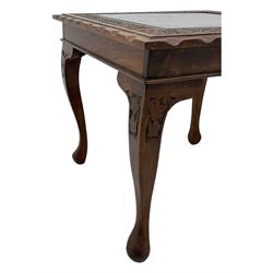 Pair of Pakistan carved hardwood brass inlaid lamp tables, square form, cabriole legs, inset glass tops