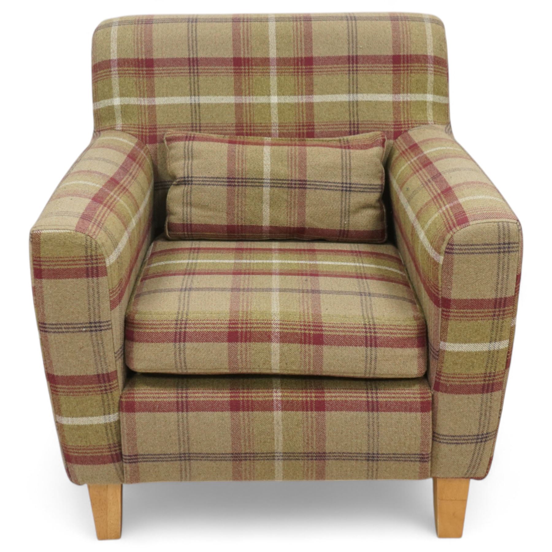 Contemporary pair of upholstered armchairs, in red and green chequered fabric with loose seat and back cushions, box arms and light stained square legs