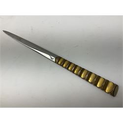 Malayan Kris dagger, the 31.5cm double edged straight heavy damascus blade with copper ferrule; carved hardwood grip; in large wooden throated scabbard with floral decorated white metal covering L47.5cm overall; a kris blade with adapted antler grip; and five various small daggers/letter openers (7)