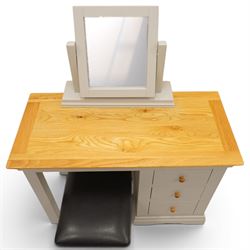 Modern bedroom suite comprising; a dresser, blanket box, bedside table, oak tops over a pale blue with wooden turned knobs

Dresser (H 77cm, D 48cm, W 107cm)
Blanket box (H 51cm, D 48cm W 91cm)
Bedside table (H 64cm, D 39cm, W 54cm)