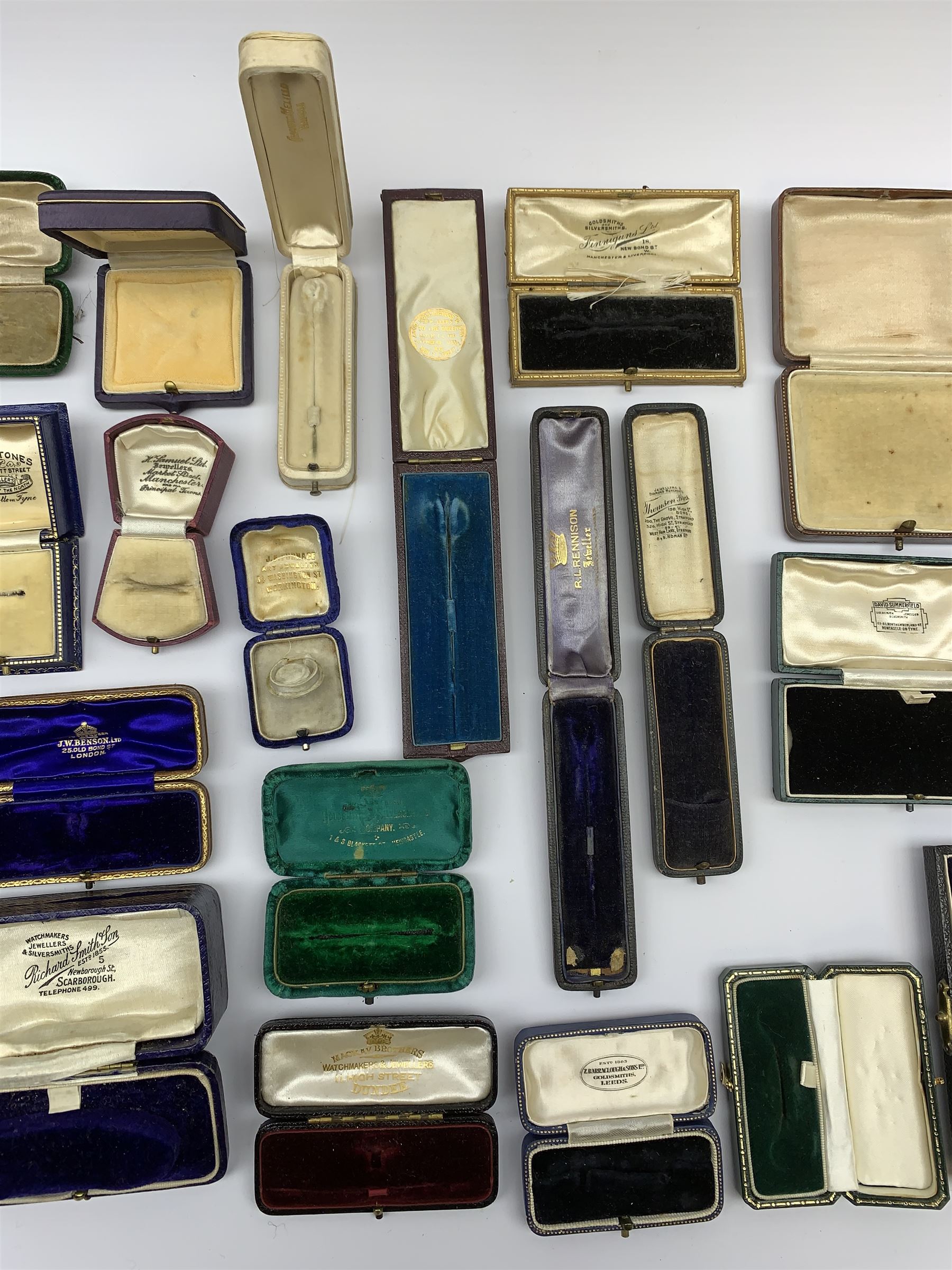 A collection of 19th/ early 20th century jewellery boxes to include Bell Brothers, J. W. Benson, W.W. Goldstraw, Anderson, Richard Smith & Sons, Mason & Son etc 