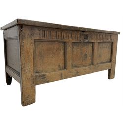 17th oak coffer or blanket chest, rectangular triple panelled hinged top, over an arcade carved frieze and panelled front, on stile supports