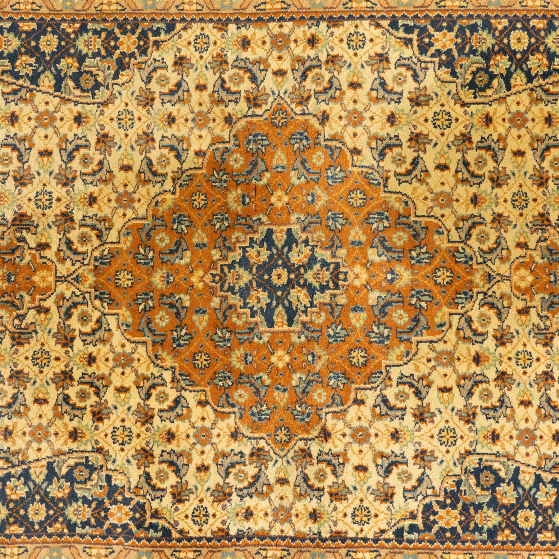 Persian Bijar rug, ivory field profusely decorated with a dense all-over Herati pattern centered by a red medallion with indigo lozenge and spandrels framed by a rust ground border of stylized palmettes and rosettes, between narrow floral guards