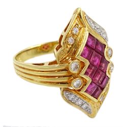 18ct gold square cut ruby and round brilliant cut diamond ring, stamped, total ruby weight 1.80 carat, total diamond weight 0.20 carat