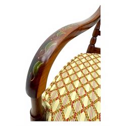 Edwardian Sheraton Revival inlaid mahogany parlour suite, comprising a two-seater settee and two matching armchairs, each with fan-shaped caned back, shaped crest rail with foliate inlay, scrolled open arms, upholstered seat with repeating geometric pattern, on turned and tapered front supports