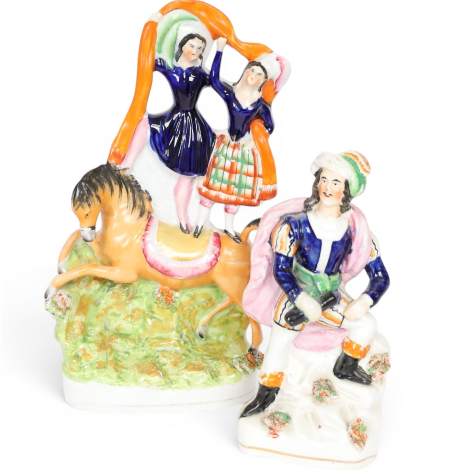 Six 19th century Staffordshire Theatre and Circus figures, comprising 
Mrs Siddons as Lady Macbeth, Conrad from Byron's Poem The Corsair, Madame Vestris as Paul from Paul and Virginia, arbour group by Thomas Parr, possibly depicting Lorenzo and Jessica from Shakespeare's Merchant of Venice, pair of circus trick riders on horseback, and smaller example featuring same pair, tallest example H26.5cm
