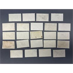 Great Britain King George V seahorse stamps, comprising fourteen half crown, seven five shillings and two ten shillings, all used, all previously mounted