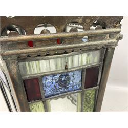 Victorian brass and stained leaded glass hall lantern, of hexagonal form, supported by four domed arms and pierced fret, H46cm W20cm
