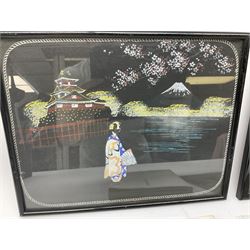 'A History of Kure'. Volume eight with Japanese text and photographic illustrations including Hiroshima; associated paperwork and provenance; and two ebonised framed Japanese painted and embroidered panels depicting Mount Fuji and bearing label verso 'Bought in Kure Hiroshima while serving Royal Navy 1946 S. Mason' 23 x 30cm