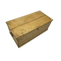 Victorian pine blanket box, hinged lid, with metal carrying handles
