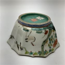 19th century Chinese bowl, of faceted form, the exterior enamelled with various birds including phoenix and crane, the interior with turquoise glaze, with iron red seal mark beneath believed to be Tongzhi (1862-1874), H6cm D14cm