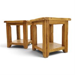 Pair of light oak  two tier occasion tables, square top on square supports united by under tier