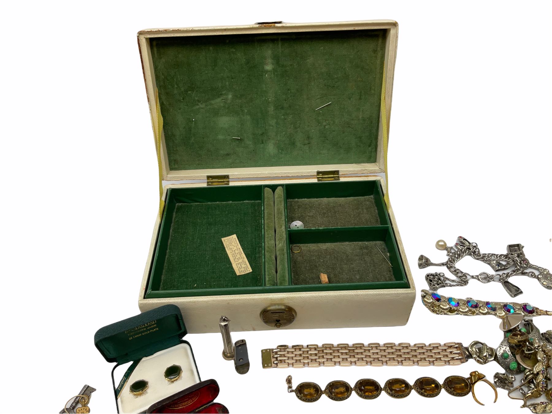 Silver cigar piercer by Dunhill, Birmingham 1958, gold garnet ring, stamped 9ct, Victorian rose gold shank hallmarked with soldered gilt cameo head and a collection of vintage and later costume jewellery