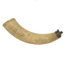 19th century 'scrimshaw' horn powder flask, the body incised and inked with naive figures,...