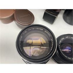 Collection of camera bodies and lenses, to include Olympus OM-1 camera body, serial no 106567, with 'Olympus OM-System F.Zuiko Auto-S 1:1.8 f=50mm' lens, serial no 135097,  Zenit-B camera body, serial no 71017867, with 'Helios-44-2 2/58' serial no 7500040, Voigtlander Vito B camera body, with 'Voigtlander Colour Skopar 1:2.8/50' lens, 'Olympus OM-System Zuiko Auto-Zoom 1:4 f=75-150mm' lens serial no 104321, 'Tamron SP 35-210mm 1:3.5-4.2' lens etc 