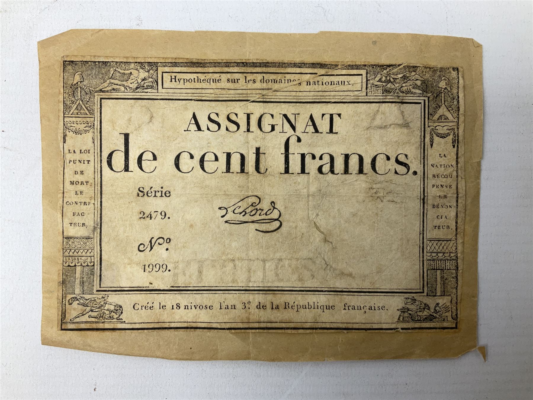 Five French Revolutionary period assignat notes (notes of this type were issued between 1789 and 1796), each mounted on paper