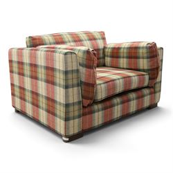 Meridian - snuggle armchair or loveseat, of traditional squared shape, upholstered in tartan fabric with loose cushions, on rectangular feet