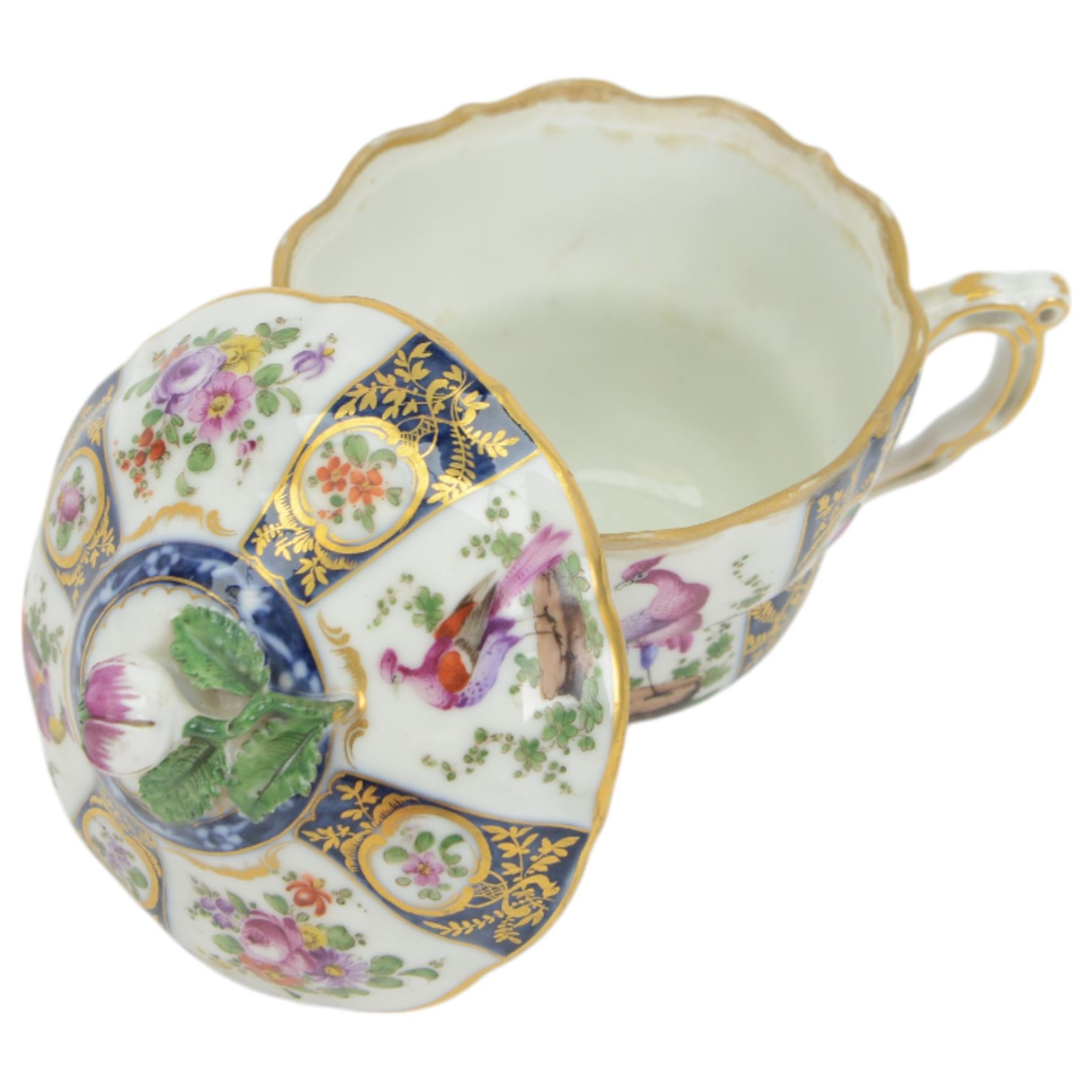 19th century porcelain chocolate cup and cover, decorated in the manner of Worcester with exotic birds, probably Samson Paris 