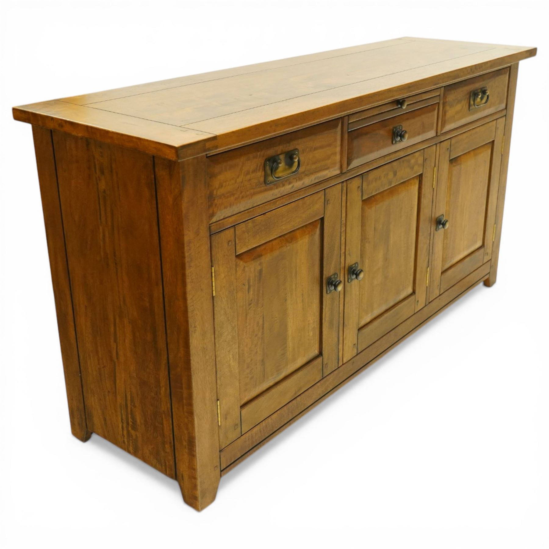 Barker & Stonehouse - 'New Frontier' mangowood wide sideboard, rectangular top with a central brushing slide above a drawer, flanked either side by a drawer, above three cupboard doors, raised on stiled supports
