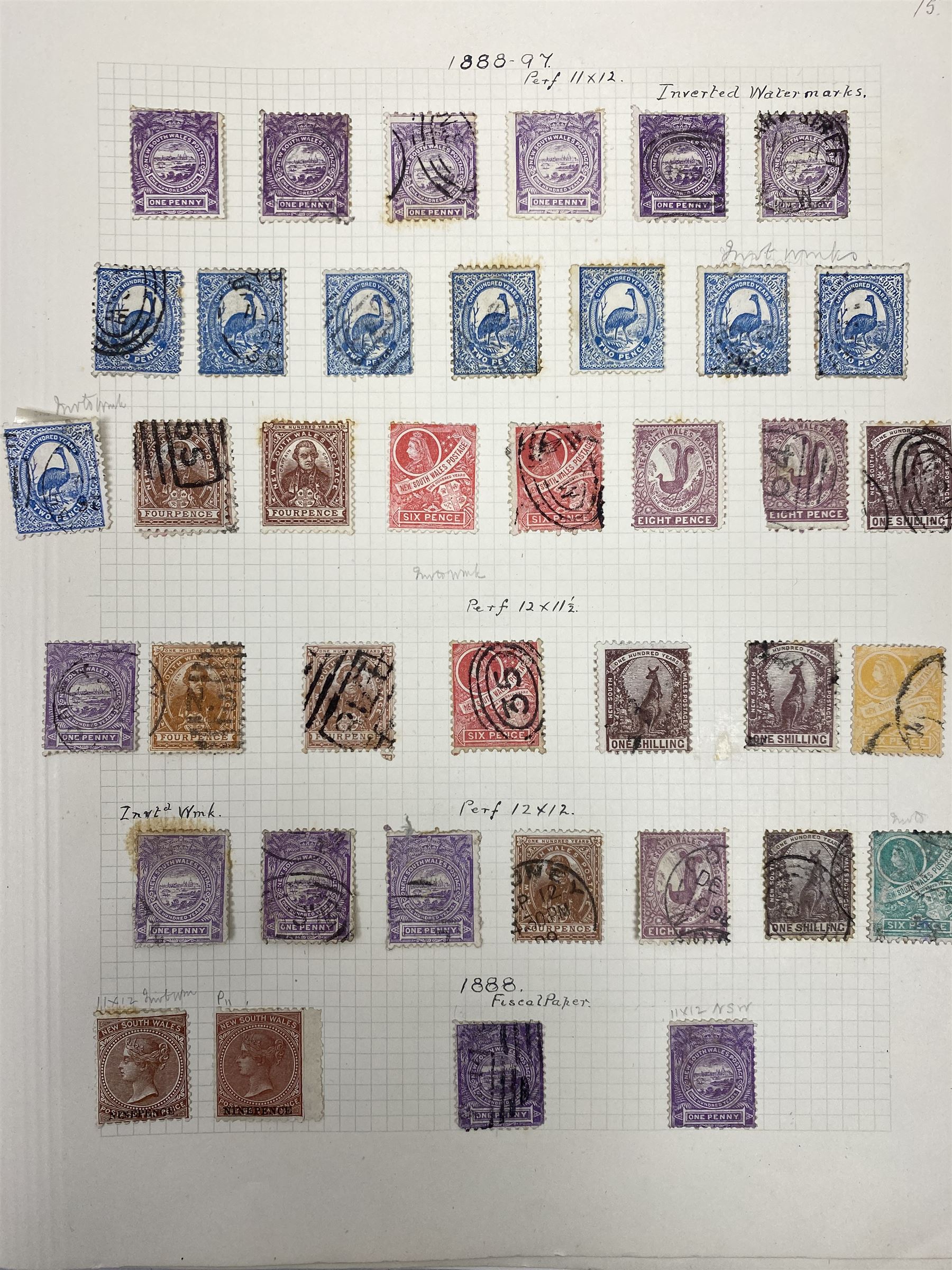 Australia New South Wales stamps, including 1850-4 various imperf issues, 1854-6 including five pence, six pence, one shilling etc, 1856-60 registered letter stamps, 1861-88 five shillings etc, housed on pages