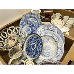 Group of 19th century blue and white transfer printed pottery, to include a John & Richard Riley Union Border series dish and puce transfer printed desert dish decorated with a pastoral landscape with plough, L24cm, Doulton Lambeth mug with hallmarked silver collar (a/f), Beswick horse (a/f), together with other ceramics etc in three boxes