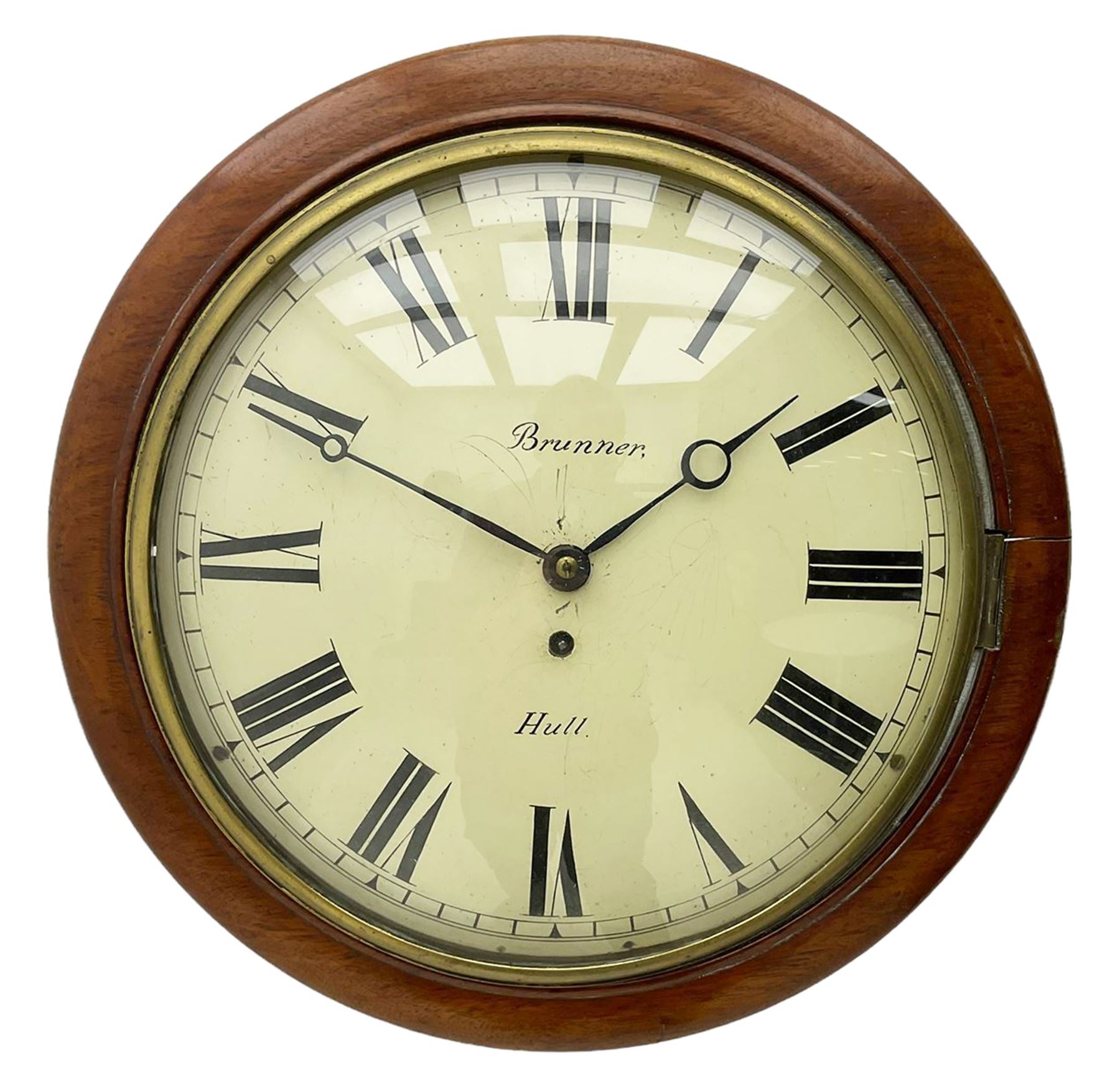A late 19th century 8-day wall clock with a 15” mahogany bezel and 12” painted convex dial with a cast brass bezel, Roman numerals, minute track and matching steel moon hands, dial inscribed “Brunner, Hull” with a single train fusee movement, anchor escapement, rectangular movement plates with chamfered shoulders, case with two side doors and pendulum adjustment door to the curved base. With pendulum.  
****Engelbert Ignatius Brunner from Baden (Germany)  worked from Queen Street Hull . c 1886-1907.

