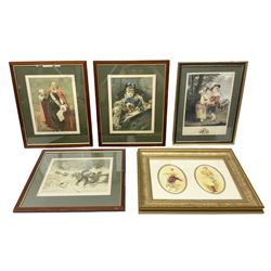 After Sir Joshua Reynolds (British 1723-1792): 'Lord Henry and Lady Charlotte Spencer', engraving with hand colouring pub. 1790; After Heywood Hardy (British 1843-1933): 'In the Lap of Luxury', engraving; After John Watson Nicol (British 1856-1926): 'An Immediate Settlement will Oblige', engraving; after Charles Staniland (British 1838-1916): 'Saved at Last', engraving; After Gaton Woodville: 'In the Nick of Time', colour print; after Victor Venner: 'The Mowbray Hunt Checked', colour print together with pair colour prints after Fred Elwell, a Chinese print, a mirror, further pictures etc, max 45cm x 68cm