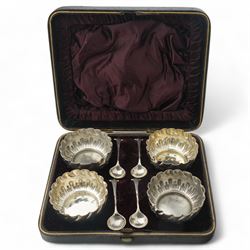 Set of four Victorian silver circular salts with crimped rims, two inscribed 'Trophy'  D6c...