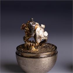 Stuart Devlin - Late 20th century silver and silver-gilt surprise egg, the textured gilt exterior opening to reveal an underwater scene with two fish and an anchor, hallmarked Stuart Devlin, London 1977, boxed, H10cm