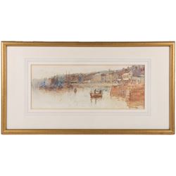 Frank Rousse (British fl.1897-1917): Fishing Boats and Paddle Steamer alongside Pier Road Whitby, watercolour signed 21cm x 54cm