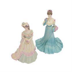 Eighteen Coalport Age of Elegance bisque figurines, including Brighton Promenade, Kensington Parade, Spring Pageant and Mandarin Crescent, mostly boxed