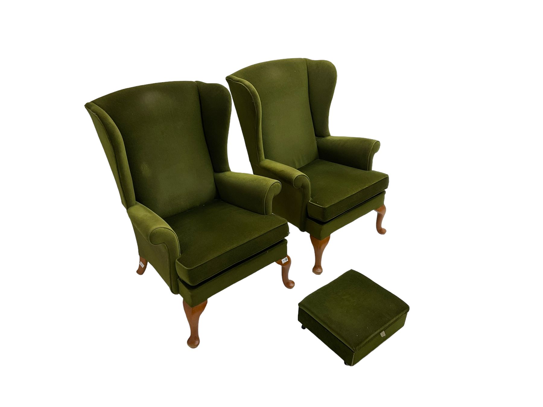 Parker Knoll - pair  vintage 'Penhurst' wingback armchairs, upholstered in olive green fabric on cabriole front supports