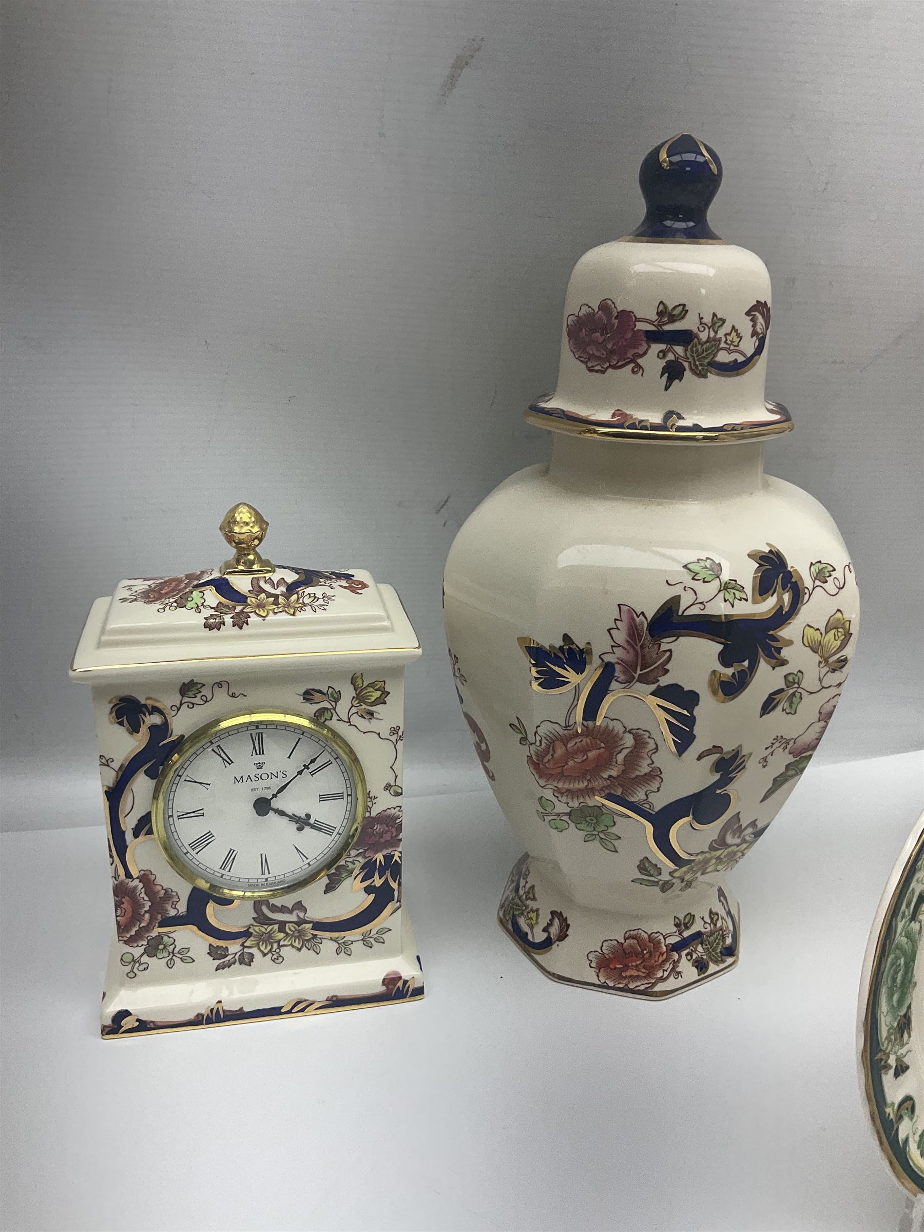 Collection of Masons Mandalay pattern, to include clock, covered vase, jugs, etc, and other Masons Chartreuse pattern items 